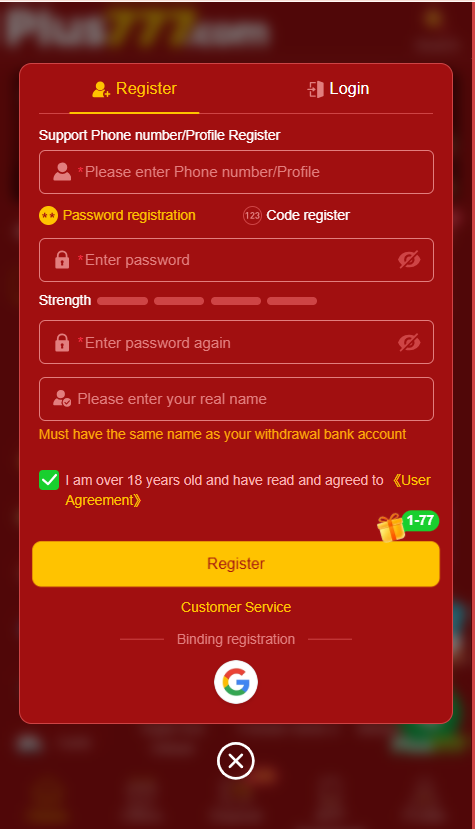 PLUS777 Game register