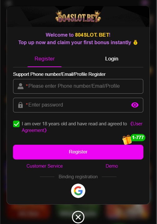 804Slots Game register