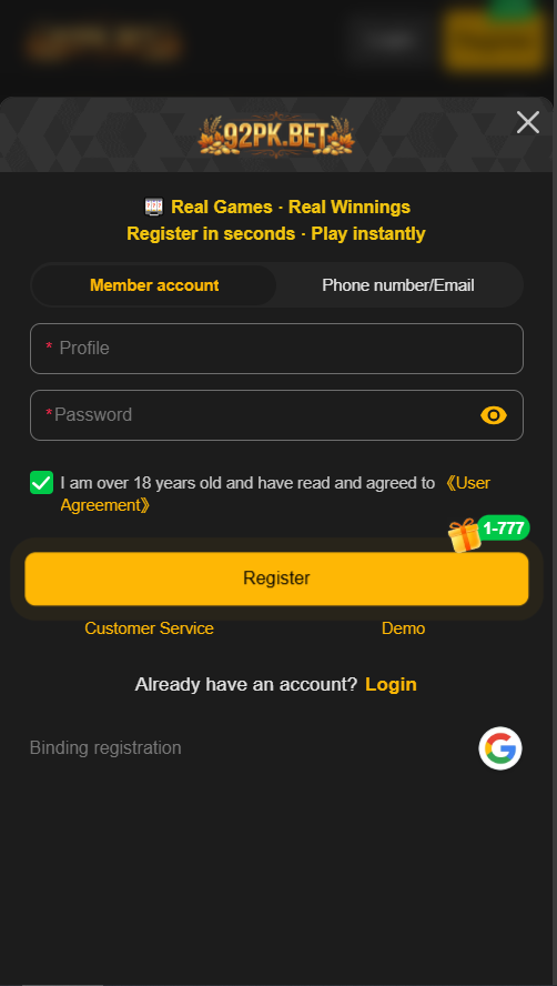 92PK Bet register